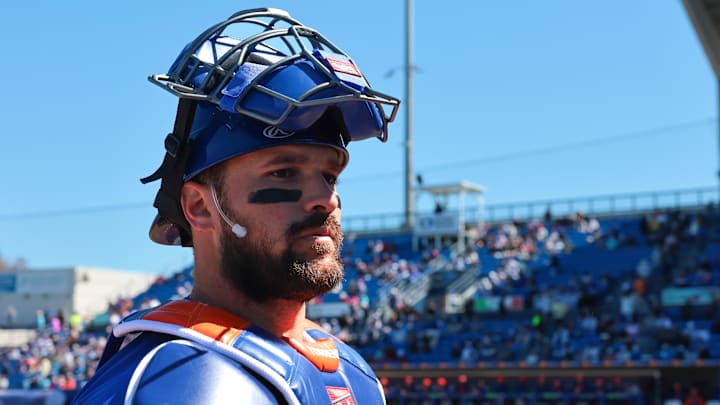 Feb 24, 2026; Port St. Lucie, Florida, USA; New York Mets catcher Luis Torrens (13) looks on before the game against the Houston Astros at Clover Park. Mandatory Credit: Sam Navarro-Imagn Images