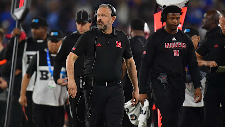 Nov 8, 2025; Pasadena, California, USA; Nebraska Cornhuskers head coach Matt Rhule watches game action against the UCLA Bruins during the first half at the Rose Bowl. Mandatory Credit: Gary A. Vasquez-Imagn Images
