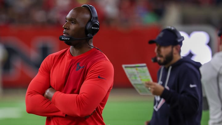 Dec 21, 2025; Houston, Texas, USA; Houston Texans head coach DeMeco Ryans watches play against the Las Vegas Raiders in the second half at NRG Stadium. Mandatory Credit: Thomas Shea-Imagn Images