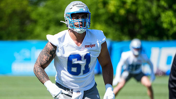 Detroit Lions defensive lineman Ahmed Hassanein (61) practices during rookie mini camp at Meijer Performance Center in Allen Park on Friday, May 9, 2025.