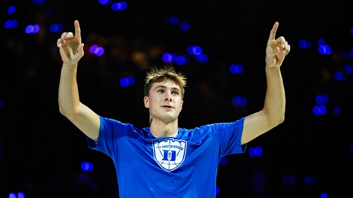Oct 4, 2024; Durham, NC, USA; Duke Blue Devils guard Cooper Flagg (2) is introduced to the fans during Countdown to Craziness at Cameron Indoor Stadium. Mandatory Credit: Jaylynn Nash-Imagn Images