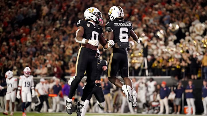 Vanderbilt wide receiver Tre Richardson (6) celebrates his touchdown against Auburn with wide receiver Junior Sherrill (0) during the third quarter at FirstBank Stadium in Nashville, Tenn., Saturday, Nov. 8, 2025.
