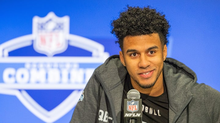 Mar 1, 2024; Indianapolis, IN, USA; Florida State quarterback Jordan Travis (QB13) talks to the media during the 2024 NFL Combine at Lucas Oil Stadium.