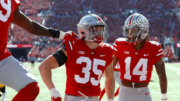 Oct 22, 2022; Columbus, Ohio, USA;  Ohio State Buckeyes linebacker Tommy Eichenberg (35) celebrates