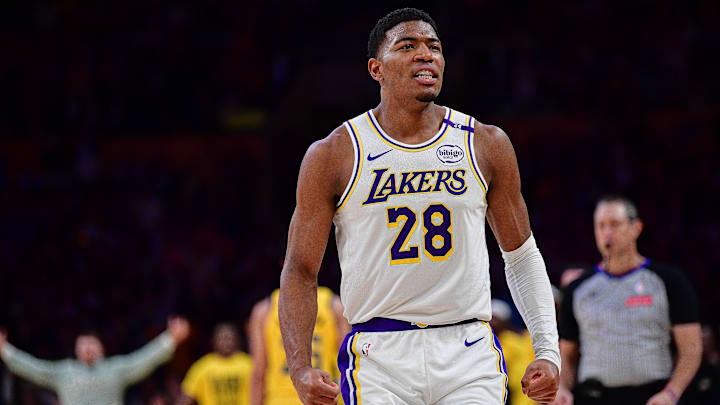 Feb 8, 2025; Los Angeles, California, USA; Los Angeles Lakers forward Rui Hachimura (28) reacts after dunking for the basket against the Indiana Pacers during the second half at Crypto.com Arena.