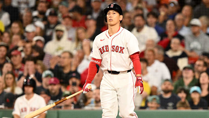 Aug 19, 2025; Boston, Massachusetts, USA; Boston Red Sox left fielder Masataka Yoshida (7) reacts after striking out against the Baltimore Orioles during the eighth inning at Fenway Park. Mandatory Credit: Brian Fluharty-Imagn Images