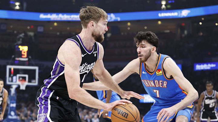 Apr 9, 2024; Oklahoma City, Oklahoma, USA; Sacramento Kings forward Domantas Sabonis (10) drives to Apr 9, 2024; Oklahoma City, Oklahoma, USA; Sacramento Kings forward Domantas Sabonis (10) drives to