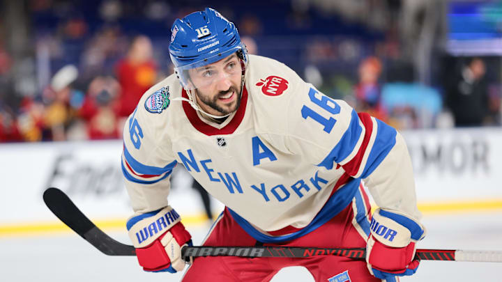 Jan 2, 2026; Miami, Florida, USA; New York Rangers center Vincent Trocheck (16) waits for a faceoff against the Florida Panthers during the third period during the third period in the 2026 Winter Classic ice hockey game at loanDepot Park. Mandatory Credit: Sam Navarro-Imagn Images Jan 2, 2026; Miami, Florida, USA; New York Rangers center Vincent Trocheck (16) waits for a faceoff against the Florida Panthers during the third period during the third period in the 2026 Winter Classic ice hockey game at loanDepot Park. Mandatory Credit: Sam Navarro-Imagn Images