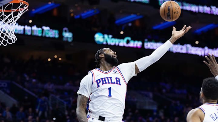 Jan 31, 2022; Philadelphia, Pennsylvania, USA; Philadelphia 76ers center Andre Drummond (1) in action against the Memphis Grizzlies during the first quarter at Wells Fargo Center. Mandatory Credit: Bill Streicher-Imagn Images