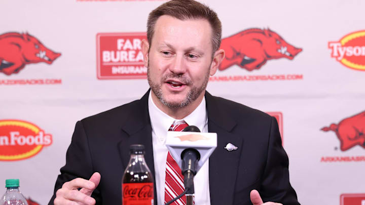 Arkansas Razorbacks head coach Ryan Silverfield during his introductory press conference at Frank Broyles Center. Arkansas Razorbacks head coach Ryan Silverfield during his introductory press conference at Frank Broyles Center.