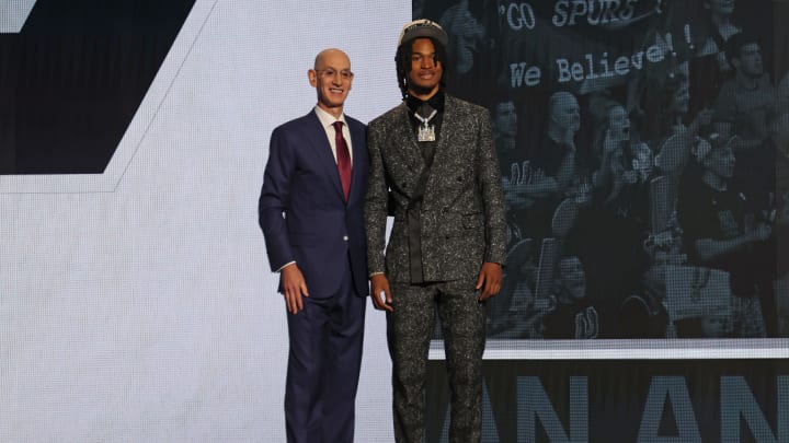 Jun 26, 2024; Brooklyn, NY, USA; Stephon Castle poses for photos with NBA commissioner Adam Silver after being selected in the first round by the San Antonio Spurs in the 2024 NBA Draft at Barclays Center. Mandatory Credit: Brad Penner-USA TODAY Sports