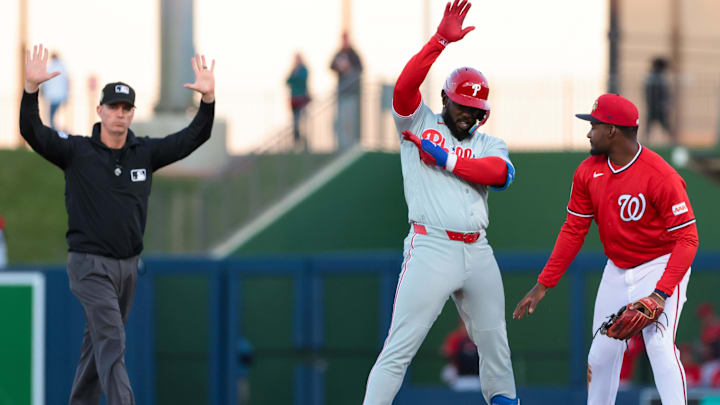 Philadelphia Phillies right fielder Adolis Garcia celebrates after hitting a double against the Washington Nationals. Philadelphia Phillies right fielder Adolis Garcia celebrates after hitting a double against the Washington Nationals.