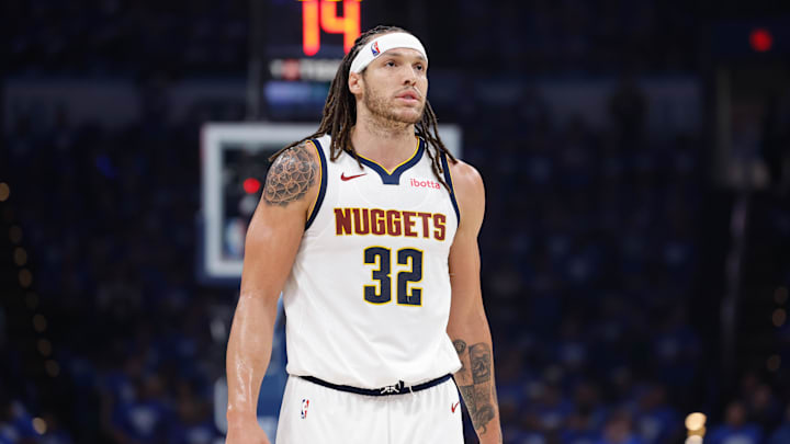 May 18, 2025; Oklahoma City, Oklahoma, USA; Denver Nuggets forward Aaron Gordon (32) looks down the court against the Oklahoma City Thunder in the second quarter during game seven of the second round for the 2025 NBA Playoffs at Paycom Center. Mandatory Credit: Alonzo Adams-Imagn Images 