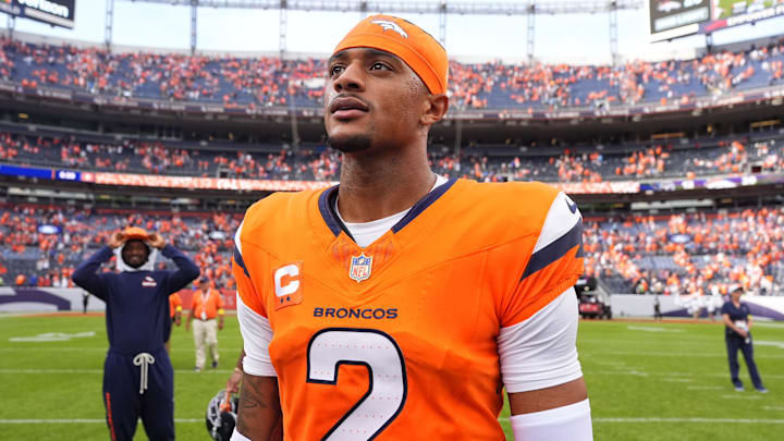 Sep 7, 2025; Denver, Colorado, USA; A detailed view of Denver Broncos cornerback Pat Surtain II (2) gold shield logo patch on his uniform after the game at Empower Field at Mile High. Sep 7, 2025; Denver, Colorado, USA; A detailed view of Denver Broncos cornerback Pat Surtain II (2) gold shield logo patch on his uniform after the game at Empower Field at Mile High.