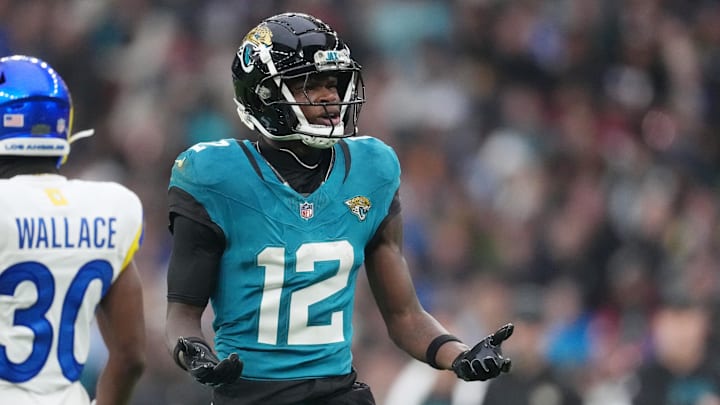 Jaguars wide receiver Travis Hunter reacts after a play against the Rams at Wembley Stadium. 