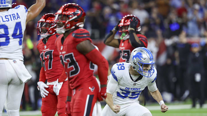 Nov 10, 2024; Houston, Texas, USA; Detroit Lions place kicker Jake Bates (39) celebrates after kicking a field goal with time expiring to give the Lions a win over the Houston Texans at NRG Stadium.