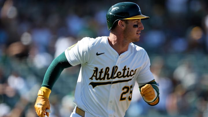 Sep 14, 2025; West Sacramento, California, USA; Athletics right fielder Brent Rooker (25) watches the ball soar over the fence for a two-run home run against the Cincinnati Reds during the seventh inning at Sutter Health Park. Mandatory Credit: Dennis Lee-Imagn Images