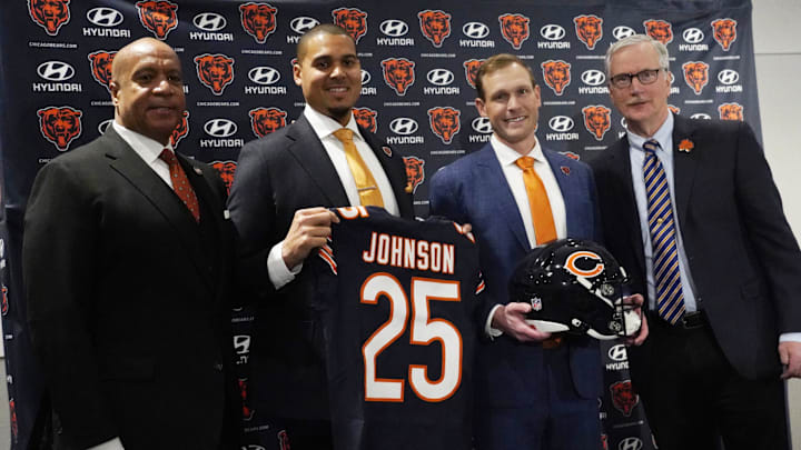 Jan 22, 2025; Lake Forest, IL, USA; Chicago Bears (R-L) President Kevin Warren, general manager Ryan Poles, new head coach Ben Johnson and chairman George McCaskey  pose for photos after a press conference introducing Johnson at PNC Center. Mandatory Credit: David Banks-Imagn Images