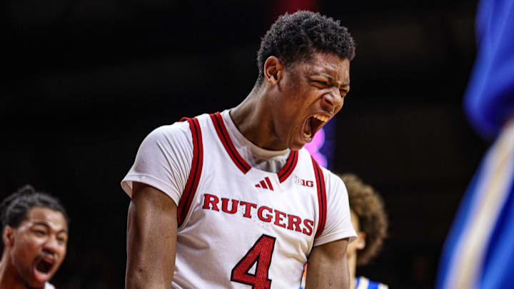 Jan 13, 2025; Piscataway, New Jersey, USA; Rutgers Scarlet Knights guard Ace Bailey (4) celebrates during the second half against the UCLA Bruins at Jersey Mike's Arena. Mandatory Credit: Vincent Carchietta-Imagn Images