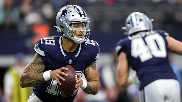 Jan 5, 2025; Arlington, Texas, USA; Dallas Cowboys quarterback Trey Lance (19) throws a pass against the Washington Commanders during the first quarter at AT&T Stadium. Mandatory Credit: Tim Heitman-Imagn Images