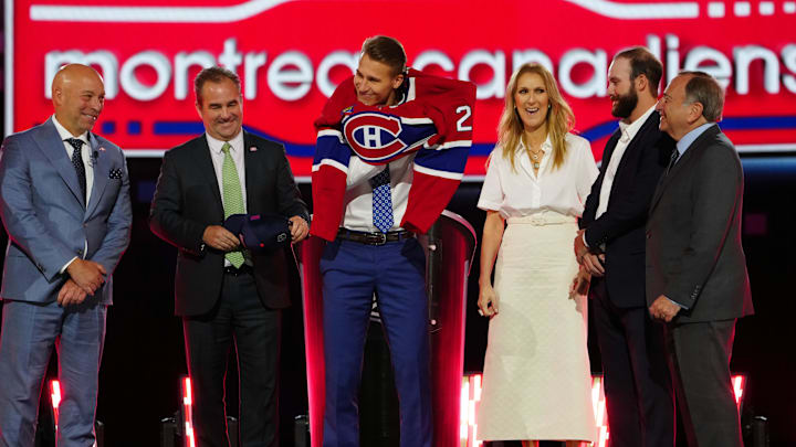 Jun 28, 2024; Las Vegas, Nevada, USA; Ivan Demidov is selected with the 5th overall pick of the first round of the 2024 NHL Draft at The Sphere. Mandatory Credit: Stephen R. Sylvanie-Imagn Images
