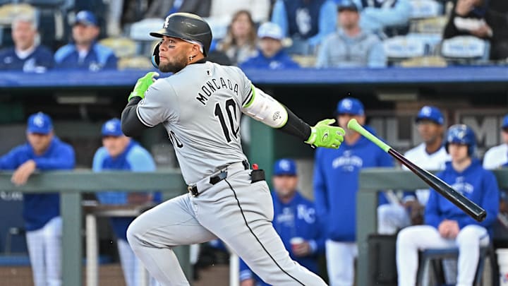 Apr 4, 2024; Kansas City, Missouri, USA; Chicago White Sox third baseman Yoan Moncada (10) singles in the first inning against the Kansas City Royals at Kauffman Stadium. Apr 4, 2024; Kansas City, Missouri, USA; Chicago White Sox third baseman Yoan Moncada (10) singles in the first inning against the Kansas City Royals at Kauffman Stadium.