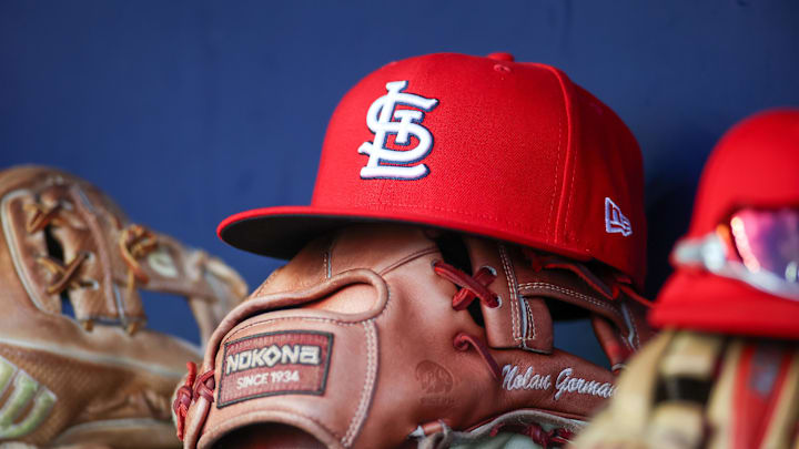 Sep 5, 2023; Atlanta, Georgia, USA; A detailed view of the hat and glove of St. Louis Cardinals second baseman Nolan Gorman (not pictured) before a game against the Atlanta Braves at Truist Park. Mandatory Credit: Brett Davis-Imagn Images Sep 5, 2023; Atlanta, Georgia, USA; A detailed view of the hat and glove of St. Louis Cardinals second baseman Nolan Gorman (not pictured) before a game against the Atlanta Braves at Truist Park. Mandatory Credit: Brett Davis-Imagn Images