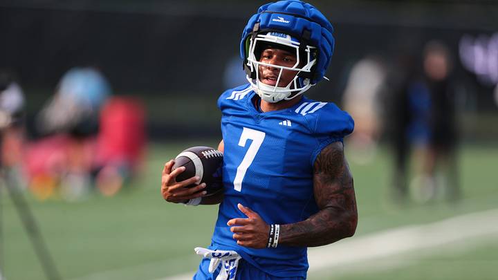 Kansas redshirt senior wide receiver Cam Pickett (7) runs a route during fall camp practice on Aug. 4, 2026. Kansas redshirt senior wide receiver Cam Pickett (7) runs a route during fall camp practice on Aug. 4, 2026.