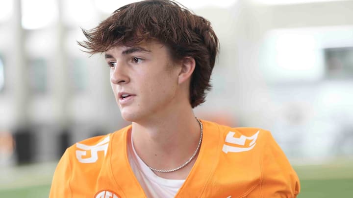 Tennessee quarterback George MacIntyre (15) speaks to the media during football media day, in Knoxville, Tennessee, July 29, 2025. Tennessee quarterback George MacIntyre (15) speaks to the media during football media day, in Knoxville, Tennessee, July 29, 2025.