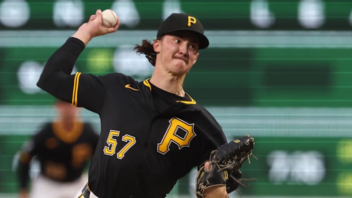 Sep 20, 2025; Pittsburgh, Pennsylvania, USA;  Pittsburgh Pirates starting pitcher Bubba Chandler (57) delivers a pitch against the Athletics during the first inning at PNC Park. Mandatory Credit: Charles LeClaire-Imagn Images