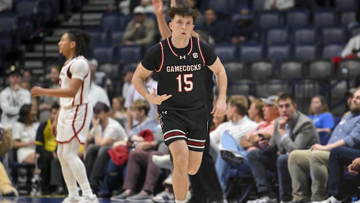 Mar 11, 2026; Nashville, TN, USA;  South Carolina Gamecocks guard Eli Ellis (15) reacts after a made three point basket against the Oklahoma Sooners during the first half at Bridgestone Arena. Mandatory Credit: Steve Roberts-Imagn Images