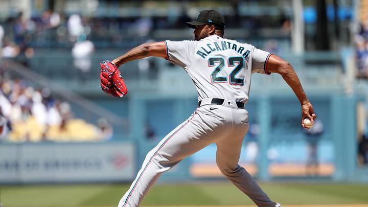 Apr 29, 2026; Los Angeles, California, USA;  Miami Marlins pitcher Sandy Alcantara (22) pitches during the fourth inning against the Los Angeles Dodgers at Dodger Stadium. Mandatory Credit: Kiyoshi Mio-Imagn Images