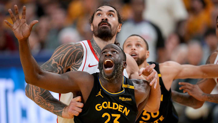 May 2, 2025; San Francisco, California, USA; Golden State Warriors forward Draymond Green (23) battles for position with Houston Rockets center Steven Adams (12) in the fourth quarter of game six of the first round for the 2025 NBA Playoffs at Chase Center. Mandatory Credit: Cary Edmondson-Imagn Images May 2, 2025; San Francisco, California, USA; Golden State Warriors forward Draymond Green (23) battles for position with Houston Rockets center Steven Adams (12) in the fourth quarter of game six of the first round for the 2025 NBA Playoffs at Chase Center. Mandatory Credit: Cary Edmondson-Imagn Images