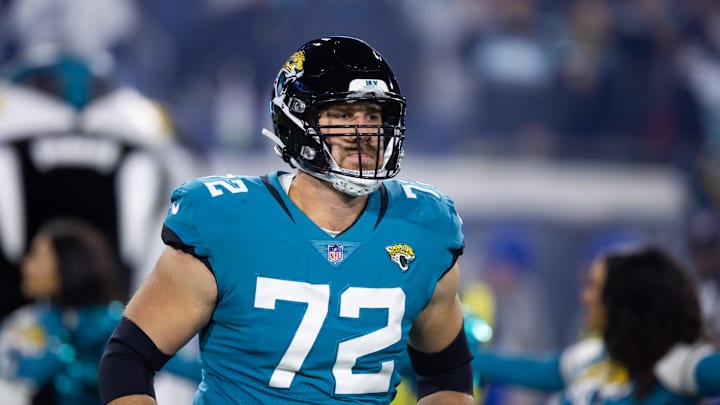 Jan 14, 2023; Jacksonville, Florida, USA; Jacksonville Jaguars offensive tackle Walker Little (72).