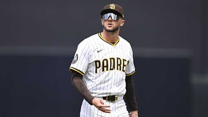 Apr 2, 2025; San Diego, California, USA; San Diego Padres center fielder Jackson Merrill (3) warms-up before a game against the Cleveland Guardians at Petco Park. Mandatory Credit: Denis Poroy-Imagn Images
