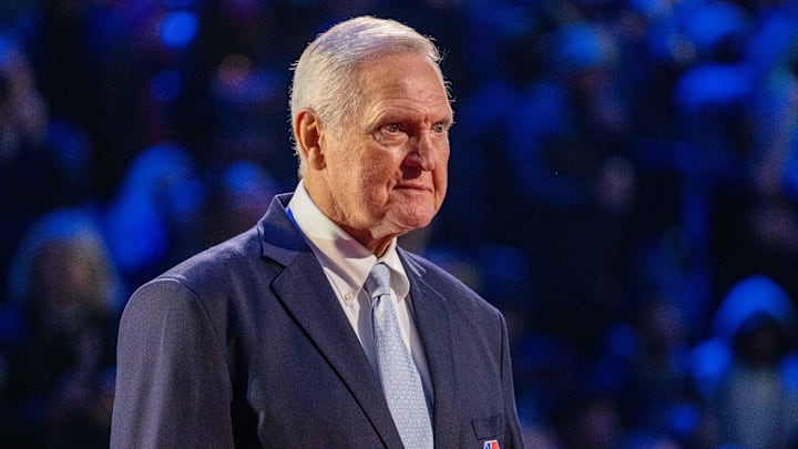 NBA great Jerry West is honored for being selected to the NBA 75th Anniversary Team during halftime in the 2022 NBA All-Star Game at Rocket Mortgage FieldHouse. Mandatory Credit: Kyle Terada-Imagn Images