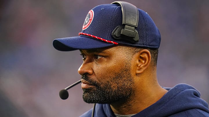 Dec 28, 2024; Foxborough, Massachusetts, USA; New England Patriots head coach Jerod Mayo watches from the sideline as they take on the Los Angeles Chargers at Gillette Stadium. Mandatory Credit: David Butler II-Imagn Images