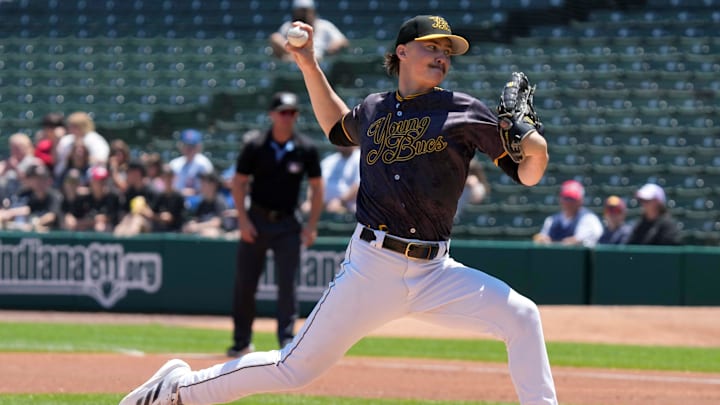 Indianapolis Indians starting pitcher Bubba Chandler (53) throws to Louisville Bats outfielder Jacob Hurtubise (0) during the first inning of a game Sunday, May 18, 2025, at Victory Field in Indianapolis.