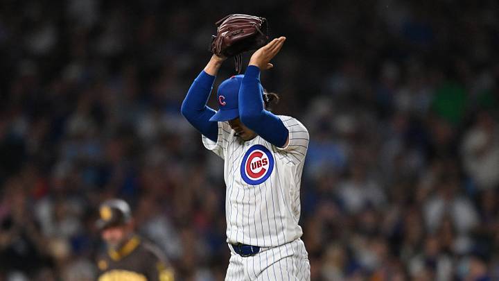 Jun 29, 2026; Chicago, Illinois, USA; Chicago Cubs pitcher Shota Imanaga (18) celebrates after ending the top of the sixth inning against the San Diego Padres at Wrigley Field. Mandatory Credit: Patrick Gorski-Imagn Images