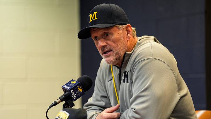 Michigan head coach Kyle Whittingham speaks to media after the spring game at Michigan Stadium in Ann Arbor on Saturday, April 18, 2026. Michigan head coach Kyle Whittingham speaks to media after the spring game at Michigan Stadium in Ann Arbor on Saturday, April 18, 2026.