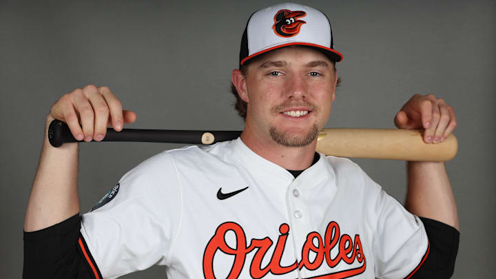 Feb 19, 2025; Sarasota, FL, USA; Baltimore Orioles shortstop Gunnar Henderson (2) poses for photo during media day at Ed Smith Stadium. Mandatory Credit: Kim Klement Neitzel-Imagn Images