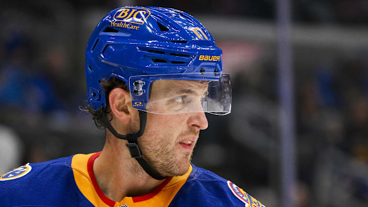 St. Louis Blues defenseman Cam Fowler in a game against the New York Rangers at Enterprise Center; Dec 15, 2024; St. Louis, Missouri, USA. Mandatory Credit: Jeff Curry-Imagn Images