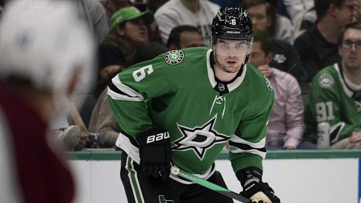 Oct 3, 2023; Dallas, Texas, USA; Dallas Stars defenseman Lian Bichsel (6) waits for the face-off against the Colorado Avalanche in the Avalanche zone during the second period at the American Airlines Center. Mandatory Credit: Jerome Miron-USA TODAY Sports