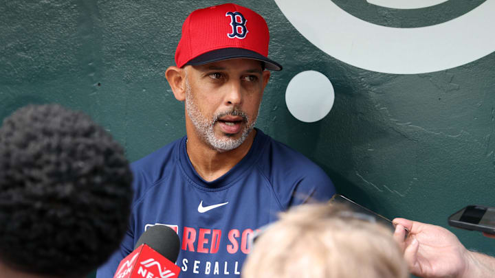Boston Red Sox manager Alex Cora (13) talks to the media before the game against the Texas Rangers at Globe Life Field.