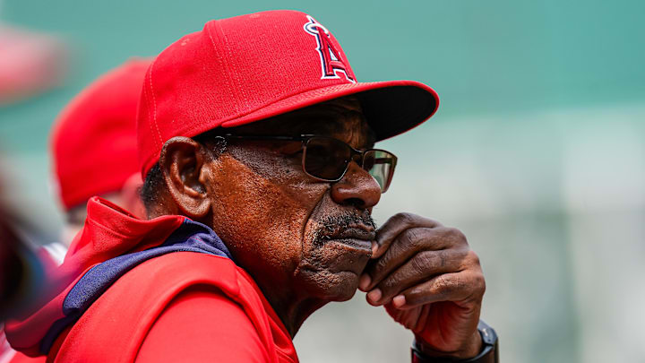 Jun 4, 2025; Boston, Massachusetts, USA; Los Angeles Angels manager Ron Washington (37) watches from the dugout against the Boston Red Sox in the first inning at Fenway Park. Mandatory Credit: David Butler II-Imagn Images