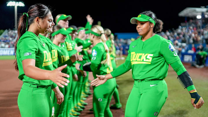 Oregon players are announced before a softball game between UCLA and Oregon at the Women’s College World Series at Devon Park in Oklahoma City, on Thursday, May 29, 2025. Oregon players are announced before a softball game between UCLA and Oregon at the Women’s College World Series at Devon Park in Oklahoma City, on Thursday, May 29, 2025.