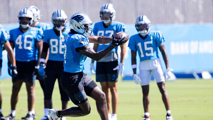 Jul 26, 2025; Charlotte, NC, USA; Carolina Panthers wide receiver Xavier Legette (17) makes a catch during training camp. Mandatory Credit: Scott Kinser-Imagn Images