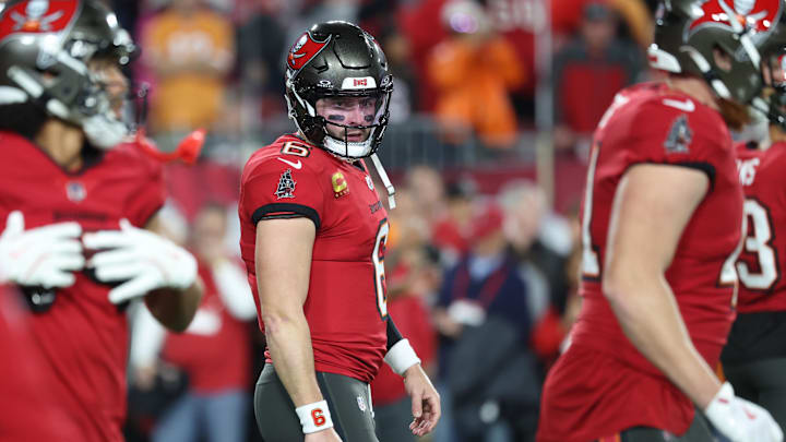 Jan 12, 2025; Tampa, Florida, USA; Tampa Bay Buccaneers quarterback Baker Mayfield (6) warms up before a NFC wild card playoff against the Washington Commanders at Raymond James Stadium. Mandatory Credit: Kim Klement Neitzel-Imagn Images