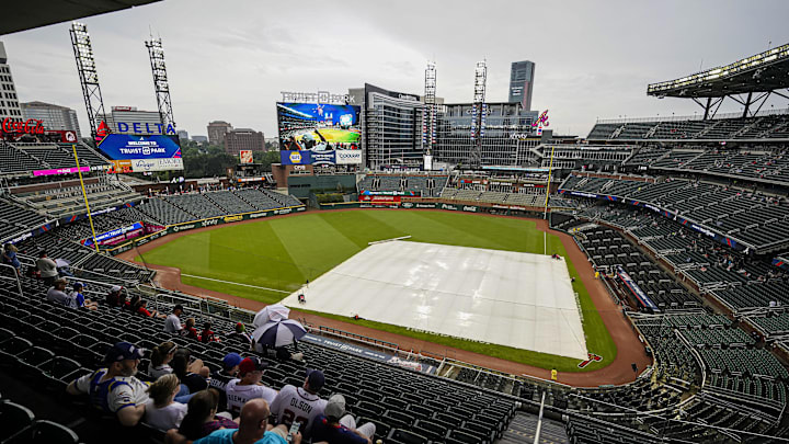 Jul 6, 2024; Cumberland, Georgia, USA; General views of a rain delay before the start of the game between the Philadelphia Phillies against the Atlanta Braves at Truist Park. Mandatory Credit: Dale Zanine-Imagn Images