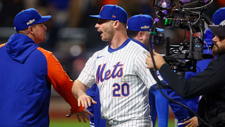 Oct 18, 2024; New York City, New York, USA; New York Mets first baseman Pete Alonso (20) celebrates with teammates after the game against the Los Angeles Dodgers game five of the NLCS for the 2024 MLB playoffs at Citi Field. Mandatory Credit: Vincent Carchietta-Imagn Images